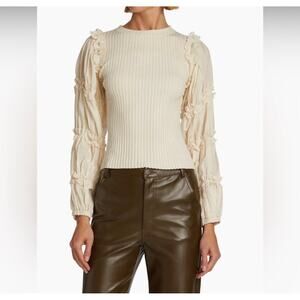 En Saison Lucille Mixed Media Ruffle Poplin Sleeve Blouse Cream Women's Small